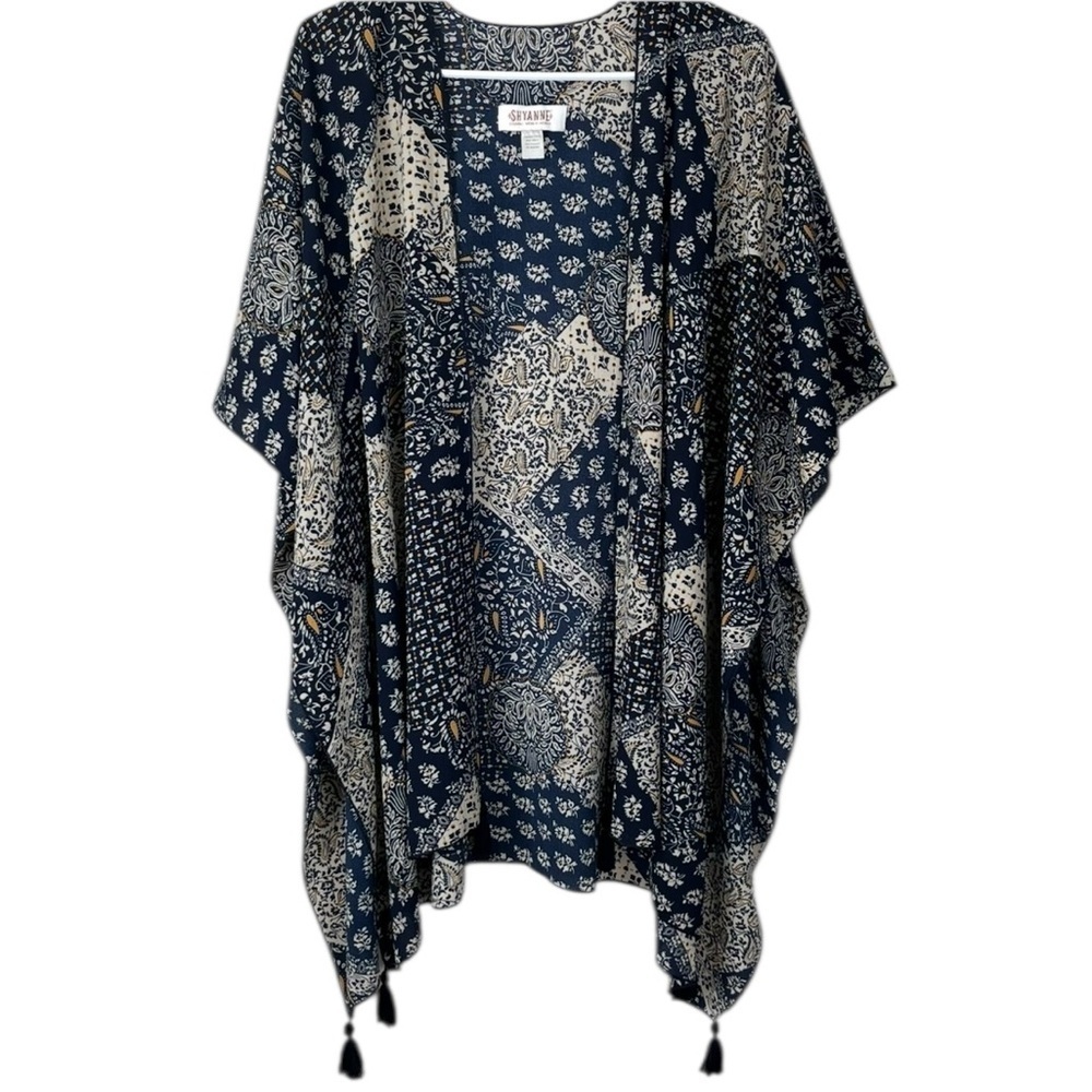 Shyanne Navy Boho Patchwork Kimono Cardigan w/ Tassel Trim – One Size